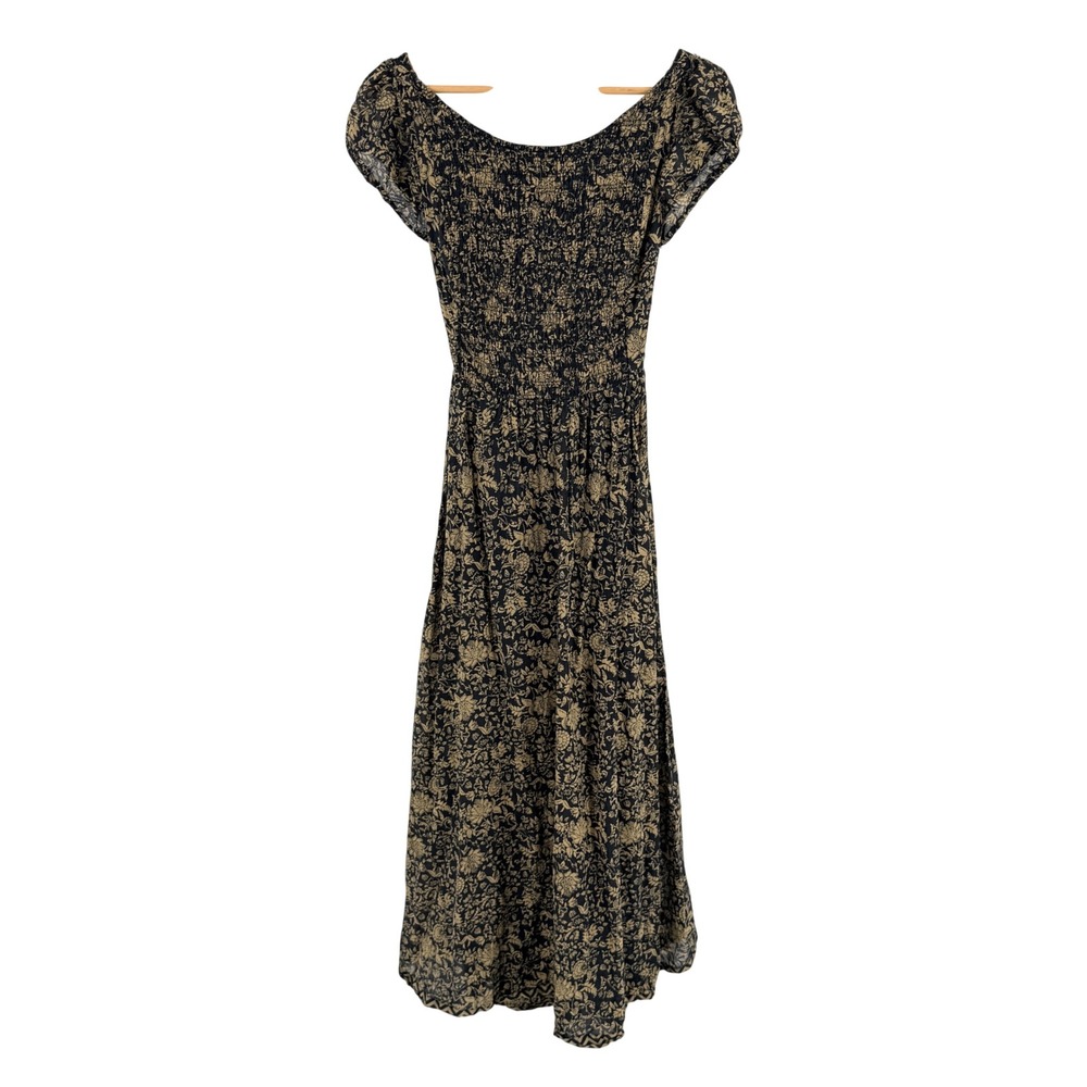 Free People Extratropical Maxi Dress Black Tan XS Floral Smocked Open Back Boho